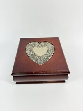 Wooden Musical Jewelry Box Metal Heart Green Velvet Lined Compartments